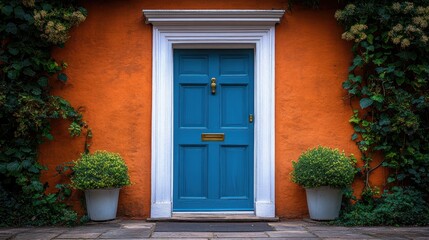 Vibrant blue door framed by white trim against an orange wall, surrounded by greenery and potted plants