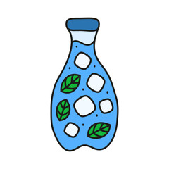 Doodle water with mint and ice cubes in plastic bottle isolated on white background.
