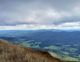 Beautiful view of Bieszczady from mountain top.
