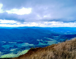 Beautiful view of Bieszczady from mountain top.