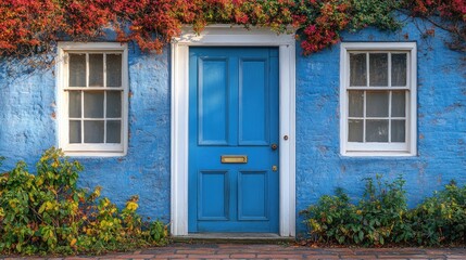 Vibrant blue door framed by colorful ivy and greenery, showcasing a charming exterior in autumn