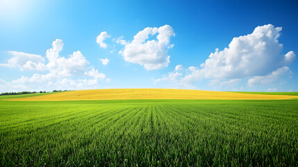 Obraz premium Aerial Perspective of Agricultural Beauty: Rows of Corn and Wheat Under a Serene Blue Sky