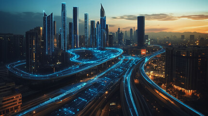 Fototapeta premium abstract, business, team, stands, peak, success, Abstract business man stands on the peak of success amid tall, innovative Smart city and graphs with statistics to analyze business potential and predi