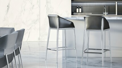 Sleek Bar Stools in a Modern Kitchen. Exquisite Design and Contemporary Furniture. Perfect for a Stylish Home or Commercial Space. A Contemporary Kitchen Design with Elegant Bar Stools.