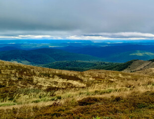 Beautiful view of Bieszczady from mountain top.