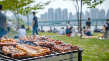 Outdoor barbecue gathering in park with city skyline