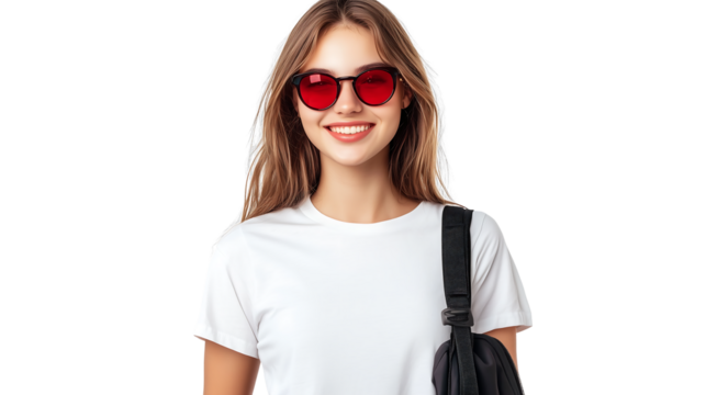 A front view young lady in white t-shirt red sunglasses black bag smiling on the white on transparent background - Powered by Adobe