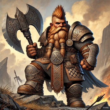 Armored dwarf warrior with braided beard and mohawk holding a double-edged axe in a rugged battlefield. Fantasy character portrait in detailed digital art. 