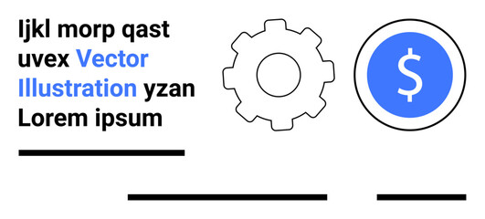 Gear icon adjacent to blue coin symbol with dollar sign. Includes placeholder text and lines. Ideal for marketing, finance, technology, business presentations, infographics, textbooks, e-learning