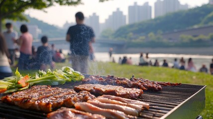 Outdoor barbecue gathering near river with grilled vegetables and meats