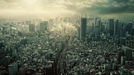 Cityscape, aerial view, hazy sun, urban sprawl, dystopian
