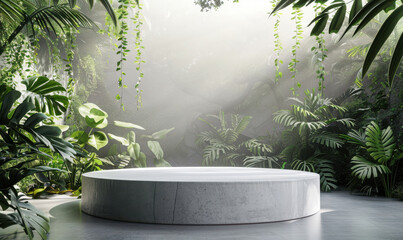A sleek, elegant podium with a product under a vibrant indoor rainforest canopy, ideal for nature-themed product showcases.