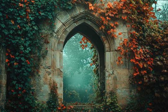 Ancient stone archway overgrown with vibrant green and autumnal red ivy, leading to a mysterious foggy forest.