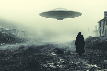 A mysterious photograph of an alien flying saucer hovering over fields and houses, blending surrealism and intrigue with dramatic lighting and eerie shadows to evoke a sense of wonder and suspense.