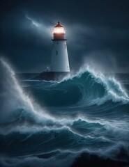 Obraz premium A lighthouse on the shore of a stormy sea in cloudy weather in the evening