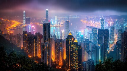 Night Hong Kong Skyline, Cityscape, Harbor, View, Fog, Asia, Urban, Lights, Travel, Panorama