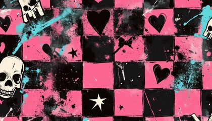 Emo punk checkerboard pattern with skulls, hearts, stars and grunge textures