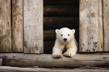 Fototapeta premium An adorable polar bear cub peeks out from a rustic wooden structure, showcasing its fluffy fur and captivating gaze.