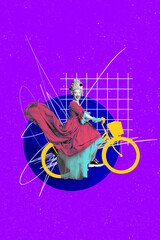 Fototapeta premium Vertical art banner collage of excited girl ride bicycle adventure trip ancient princess journey bike activity hobby castle