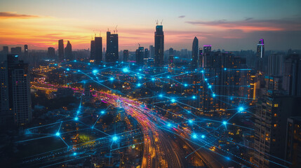 Fototapeta premium Abstract business man stands on the peak of success amid tall, innovative Smart city and graphs with statistics to analyze business potential and predict future developments in company growth.