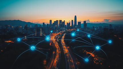 Abstract business man stands on the peak of success amid tall, innovative Smart city and graphs with statistics to analyze business potential and predict future developments in company growth.