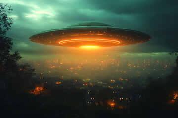 Obraz premium A mysterious photograph of an alien flying saucer hovering over fields and houses, blending surrealism and intrigue with dramatic lighting and eerie shadows to evoke a sense of wonder and suspense.