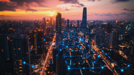 Fototapeta premium Abstract business man stands on the peak of success amid tall, innovative Smart city and graphs with statistics to analyze business potential and predict future developments in company growth.