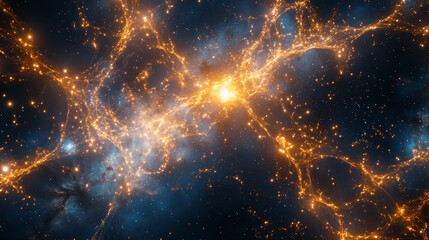 Cosmic network of glowing stars and interconnecting cosmic structures in space