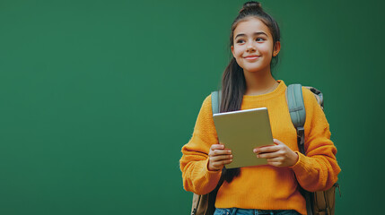 A hyper-realistic 12K resolution photo of a 15-year-old college girl standing confidently, holding a tablet in one hand and adjusting her backpack strap 