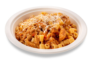 Ditalini pasta with tomato sauce and beef tripe with grated parmesan cheese in white plate isolated in top view