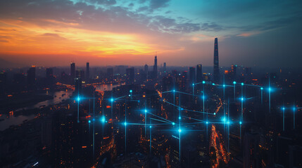 Fototapeta premium Abstract business man stands on the peak of success amid tall, innovative Smart city and graphs with statistics to analyze business potential and predict future developments in company growth.