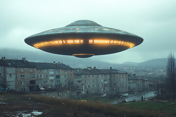 A mysterious photograph of an alien flying saucer hovering over fields and houses, blending surrealism and intrigue with dramatic lighting and eerie shadows to evoke a sense of wonder and suspense.