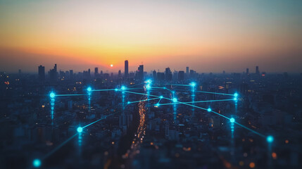 Obraz premium Abstract business man stands on the peak of success amid tall, innovative Smart city and graphs with statistics to analyze business potential and predict future developments in company growth.