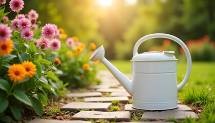 Watering can beside colorful flowers in a sunny garden