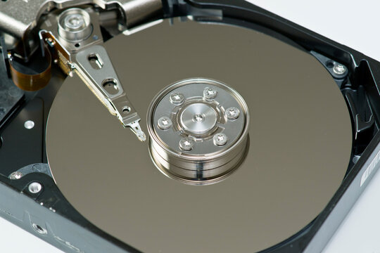 Close-up view of a hard drive's internal mechanism