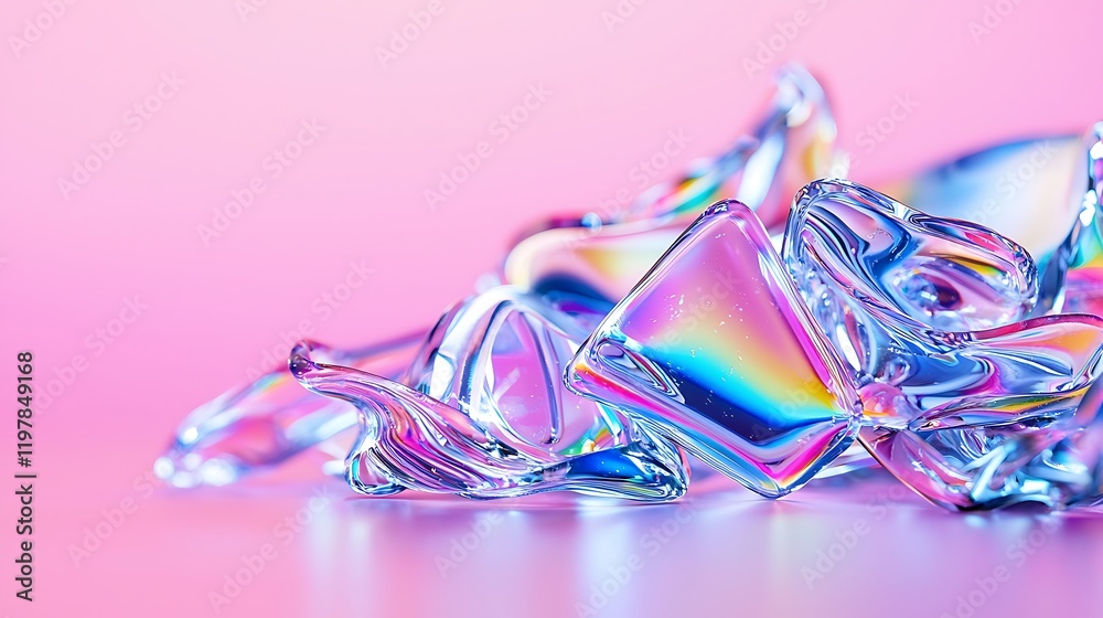 Sticker Iridescent Glass Fragments on Pink Background