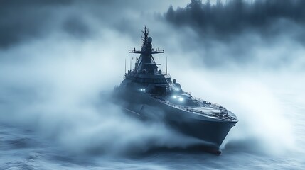 Stealth Warship Navigating Misty Waters