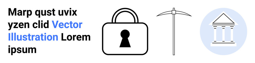 Locked padlock, pickaxe, and government building outline convey security, mining, and regulation themes. Ideal for cybersecurity, data protection, blockchain, finance governance mining