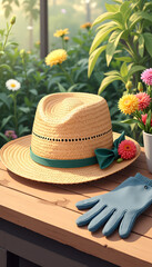 Straw hat and gardening glove on wooden table in vibrant garden