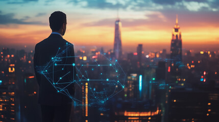 Fototapeta premium Abstract business man stands on the peak of success amid tall, innovative Smart city and graphs with statistics to analyze business potential and predict future developments in company growth.