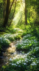 Fototapeta premium Serene spring forest stream with snowdrop blooms under sunlit canopy