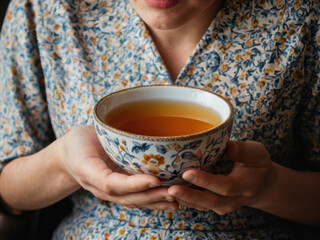 Mujer a punto de beber té de la taza
