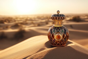 Ornate perfume bottle rests on desert sand, bathed in golden sunlight, evoking luxury and mystique.