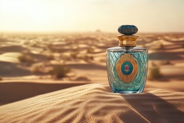 Ornate perfume bottle rests on desert sand dunes at sunset, luxury fragrance in exotic landscape.