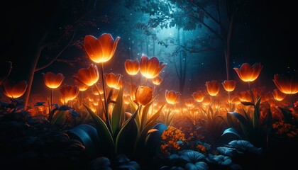 magical fantasy garden with tulips that glow at night