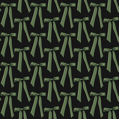 Seamless pattern with green bows,ribbons on a dark black background. Perfect for holiday decor, gift wrap, fabric, or festive designs. Elegant, classic, and cheerful style for seasonal projects