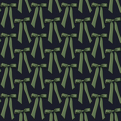 Seamless pattern with green bows,ribbons on a dark blue background. Perfect for holiday decor, gift wrap, fabric, or festive designs. Elegant, classic, and cheerful style for seasonal projects