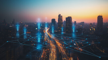 Obraz premium Abstract business man stands on the peak of success amid tall, innovative Smart city and graphs with statistics to analyze business potential and predict future developments in company growth.