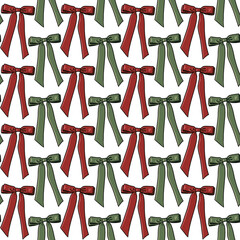 Seamless pattern with red and green bows,ribbons on a white background. Perfect for holiday decor, gift wrap, fabric, or festive designs. Elegant, classic, and cheerful style for seasonal projects
