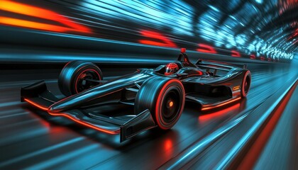 Futuristic race car speeding through a neon tunnel in a high speed competition